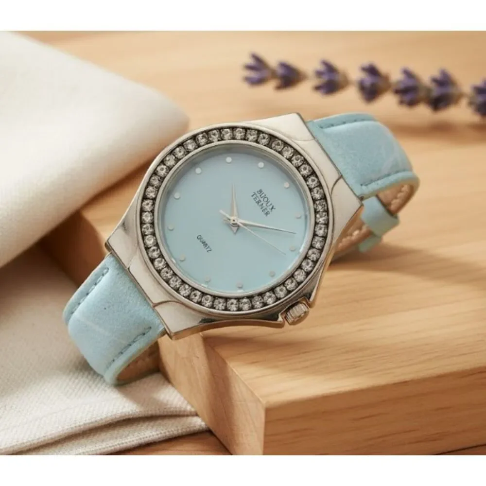 Bijoux Terner Watch Vintage Blue Leather Band Quartz Japan Movement Stainless
